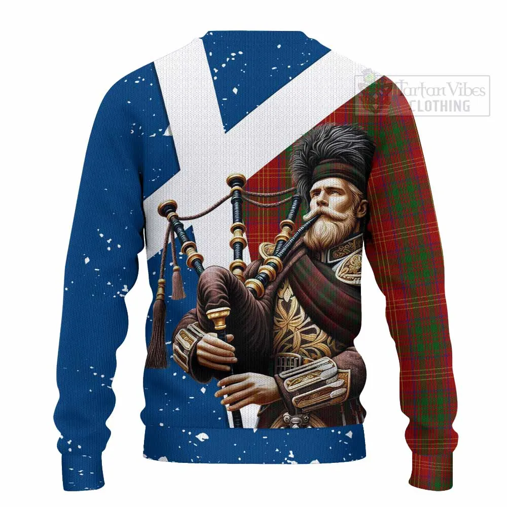 Burns Tartan Knitted Sweater with Family Crest Scottish Bagpiper Vibes