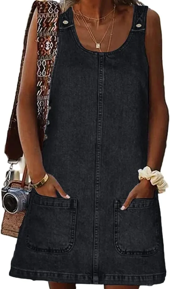BZB Women's Sleeveless Casual Denim Dress Crewneck Vintage Loose Jean Overall Dress with Pockets