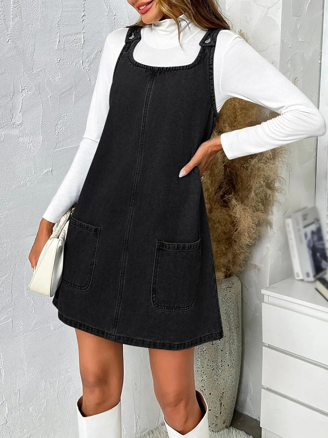 BZB Women's Sleeveless Casual Denim Dress Crewneck Vintage Loose Jean Overall Dress with Pockets