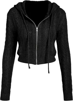 CIDER Womens Zip Up Hoodie Crop Top Hollow Out Knitted Long Sleeve Cardigan Jacket Sweatshirt