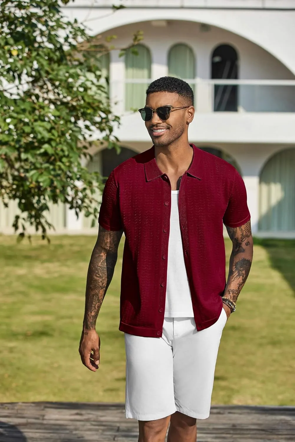 COOFANDY Men's Knit Shirts Short Sleeve Button Down Shirt Casual Summer Beach Shirt