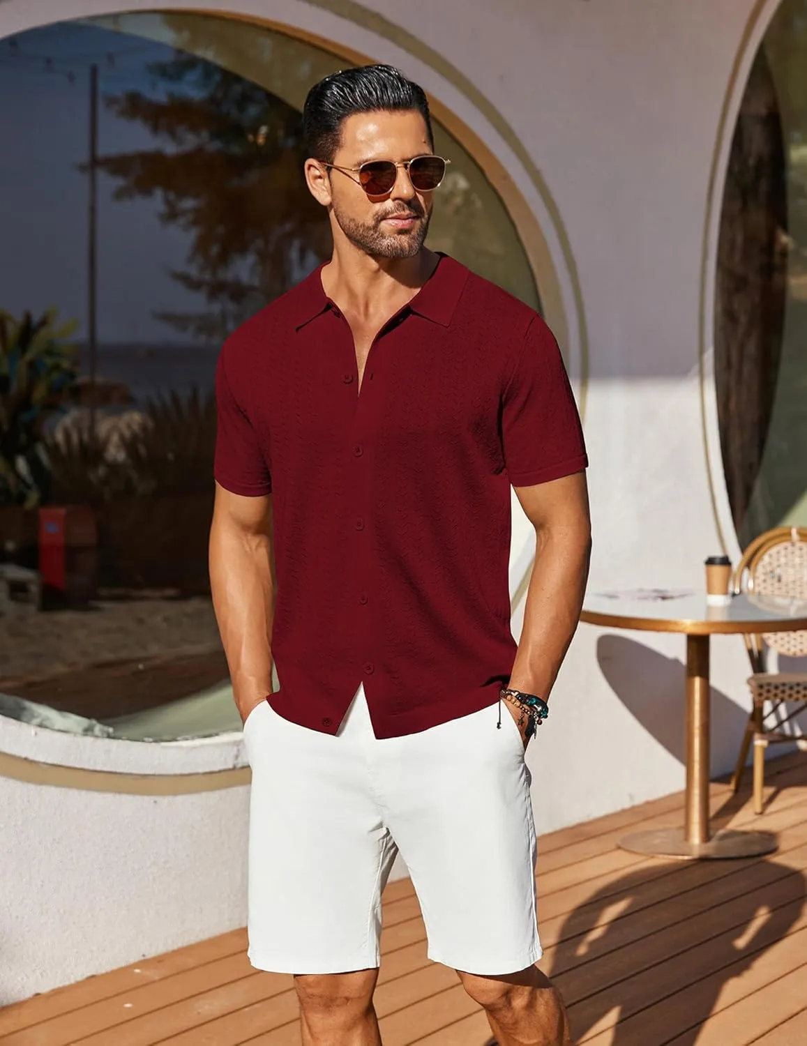 COOFANDY Men's Knit Shirts Short Sleeve Button Down Shirt Casual Summer Beach Shirt