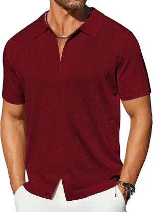 COOFANDY Men's Knit Shirts Short Sleeve Button Down Shirt Casual Summer Beach Shirt