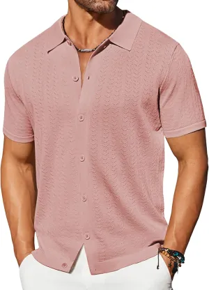 COOFANDY Men's Knit Shirts Short Sleeve Button Down Shirt Casual Summer Beach Shirt