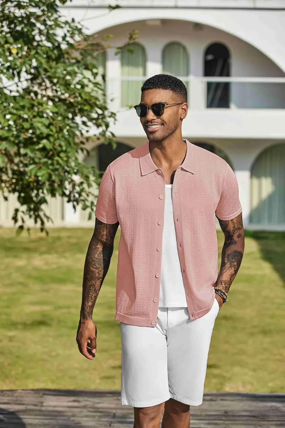 COOFANDY Men's Knit Shirts Short Sleeve Button Down Shirt Casual Summer Beach Shirt