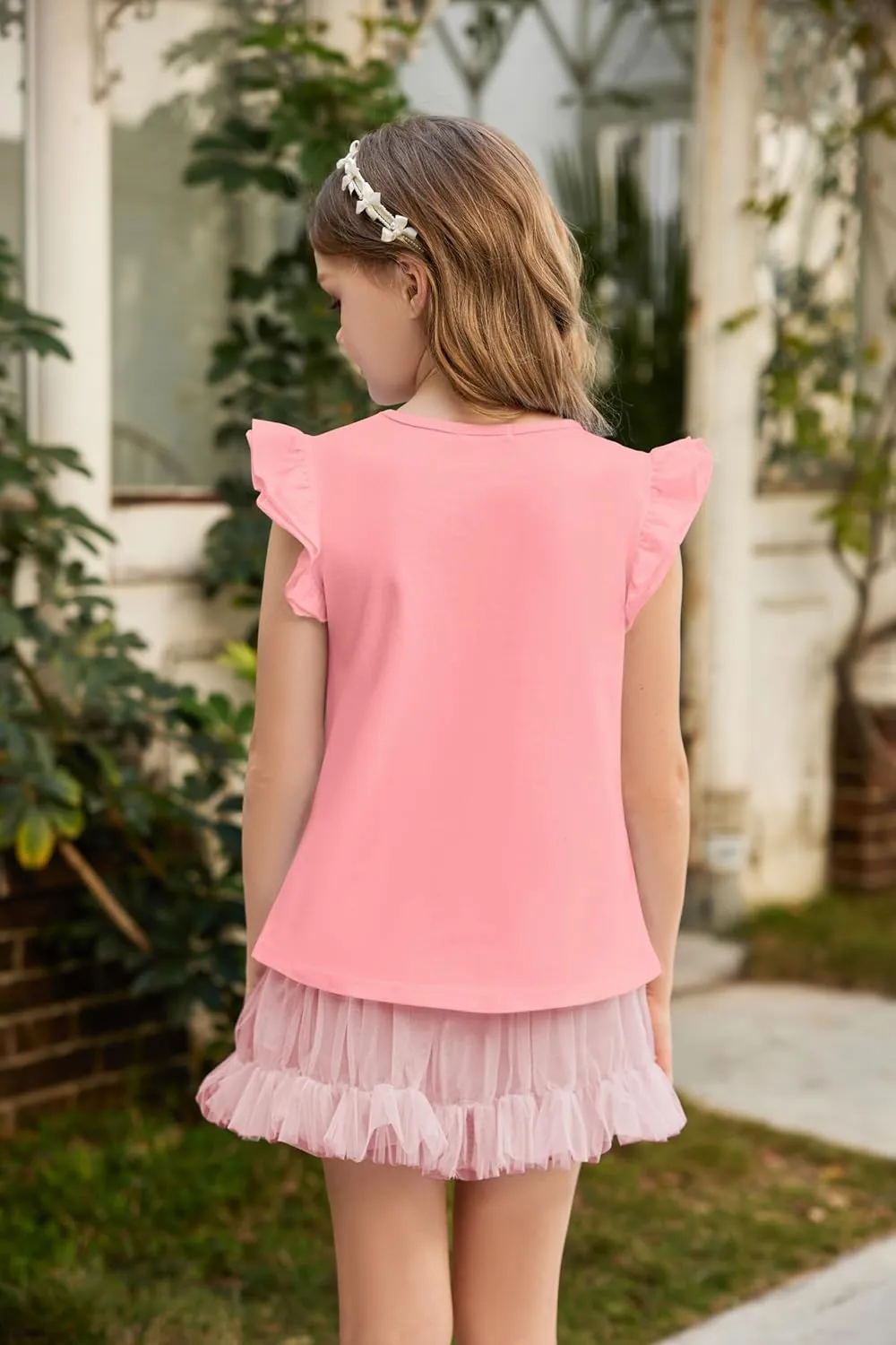 Girls T Shirts Ruffle Shrit Plain Blank Tank Tops Short Sleeve Cotton Tshirts Basic Blouse 3T-10Years