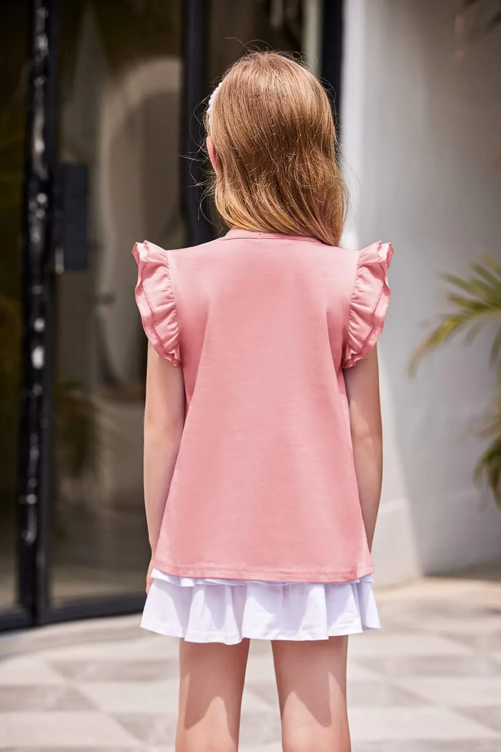 Girls T Shirts Ruffle Shrit Plain Blank Tank Tops Short Sleeve Cotton Tshirts Basic Blouse 3T-10Years