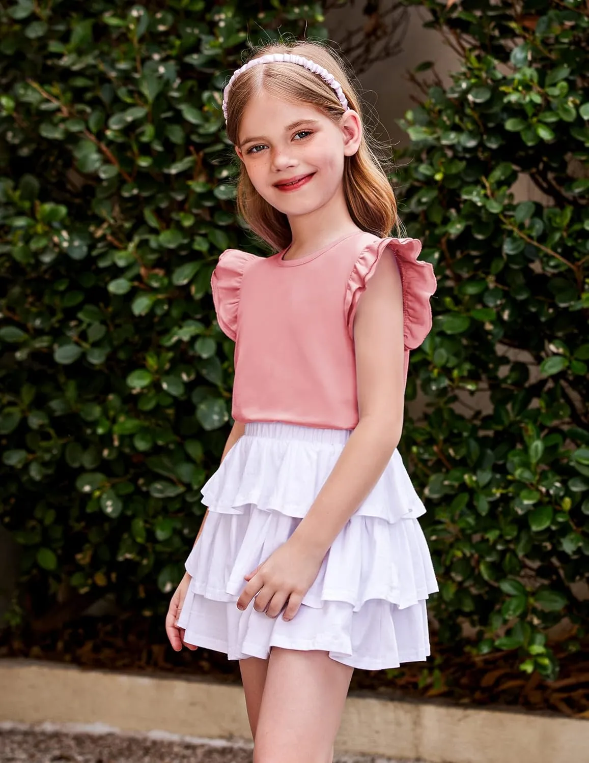 Girls T Shirts Ruffle Shrit Plain Blank Tank Tops Short Sleeve Cotton Tshirts Basic Blouse 3T-10Years