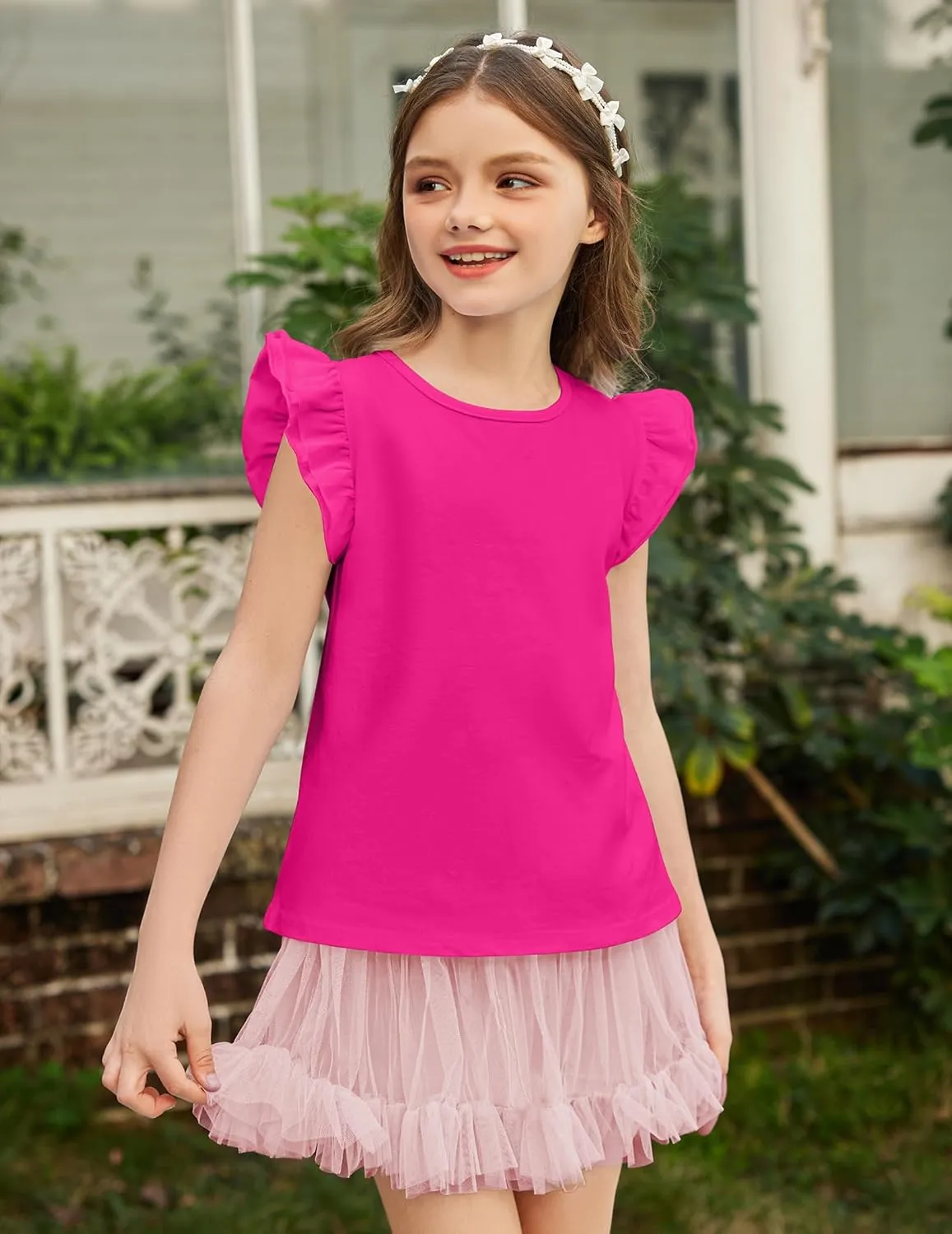 Girls T Shirts Ruffle Shrit Plain Blank Tank Tops Short Sleeve Cotton Tshirts Basic Blouse 3T-10Years