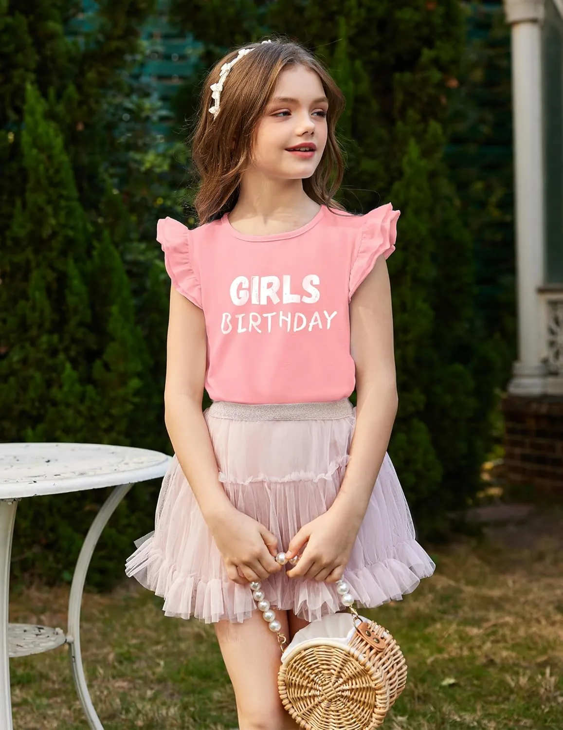 Girls T Shirts Ruffle Shrit Plain Blank Tank Tops Short Sleeve Cotton Tshirts Basic Blouse 3T-10Years