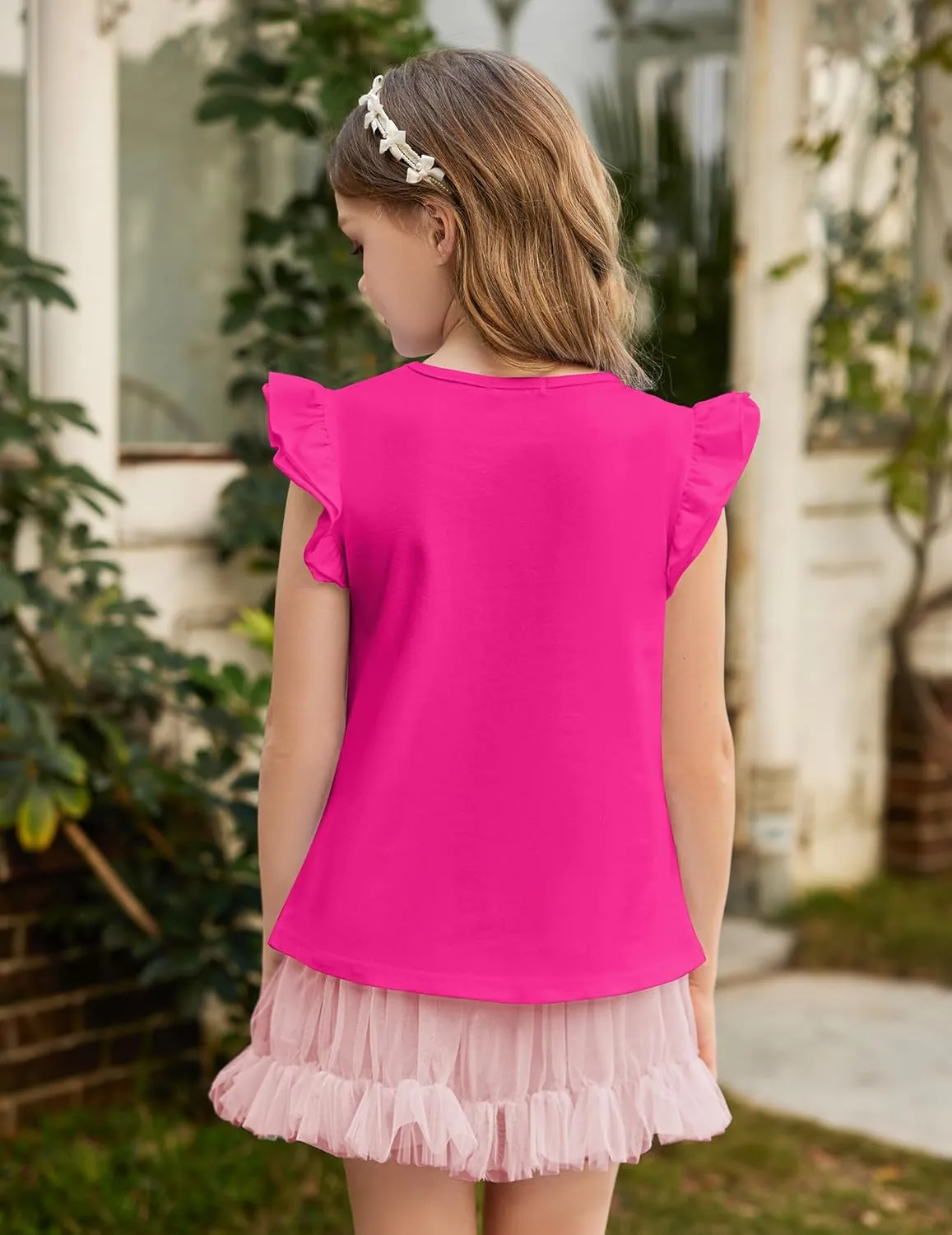 Girls T Shirts Ruffle Shrit Plain Blank Tank Tops Short Sleeve Cotton Tshirts Basic Blouse 3T-10Years