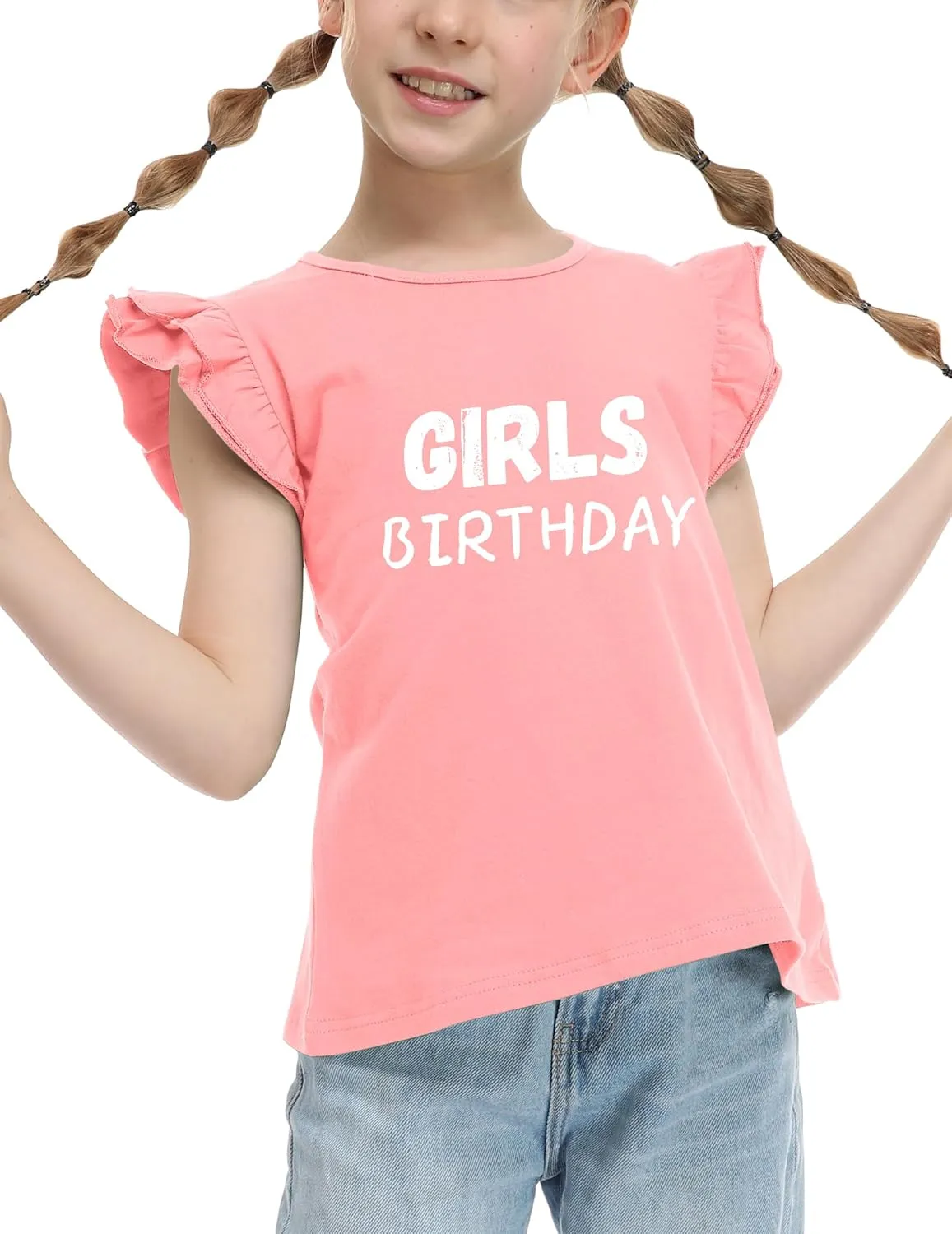Girls T Shirts Ruffle Shrit Plain Blank Tank Tops Short Sleeve Cotton Tshirts Basic Blouse 3T-10Years