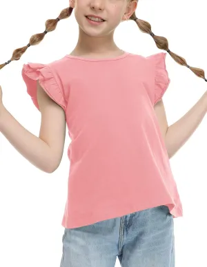 Girls T Shirts Ruffle Shrit Plain Blank Tank Tops Short Sleeve Cotton Tshirts Basic Blouse 3T-10Years