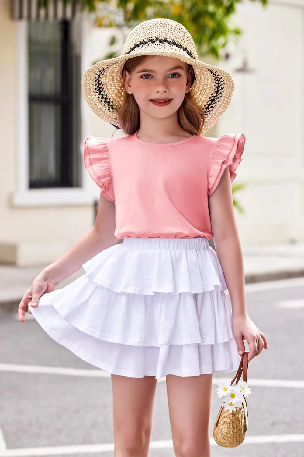 Girls T Shirts Ruffle Shrit Plain Blank Tank Tops Short Sleeve Cotton Tshirts Basic Blouse 3T-10Years