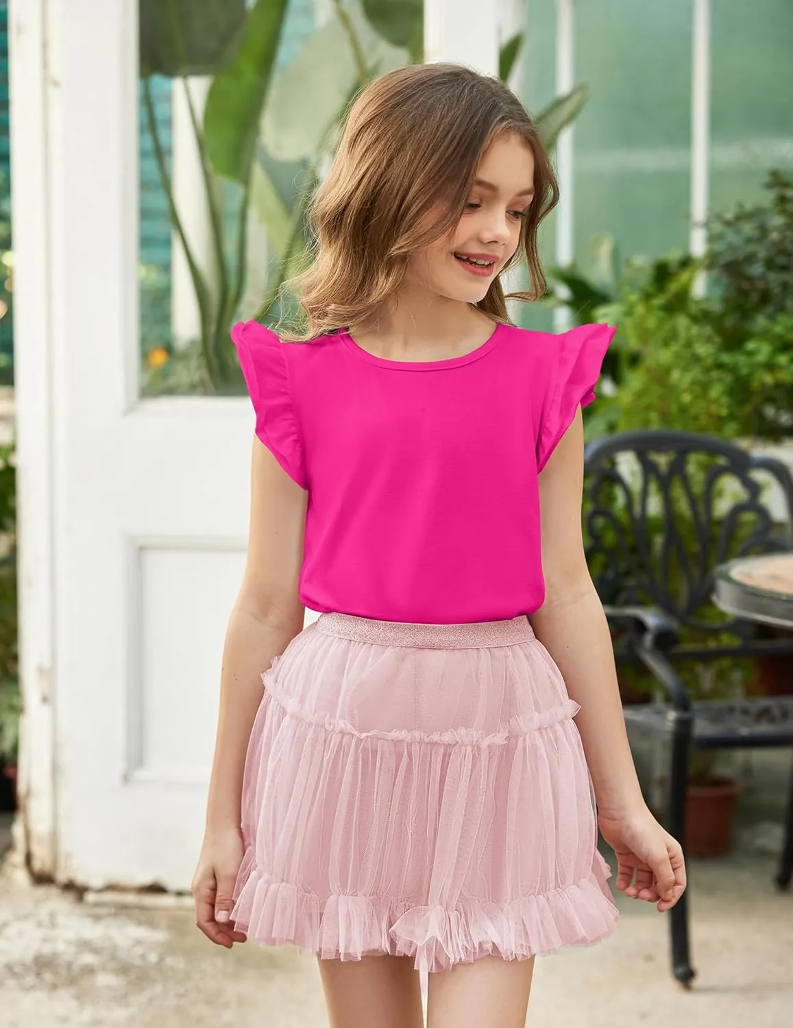 Girls T Shirts Ruffle Shrit Plain Blank Tank Tops Short Sleeve Cotton Tshirts Basic Blouse 3T-10Years