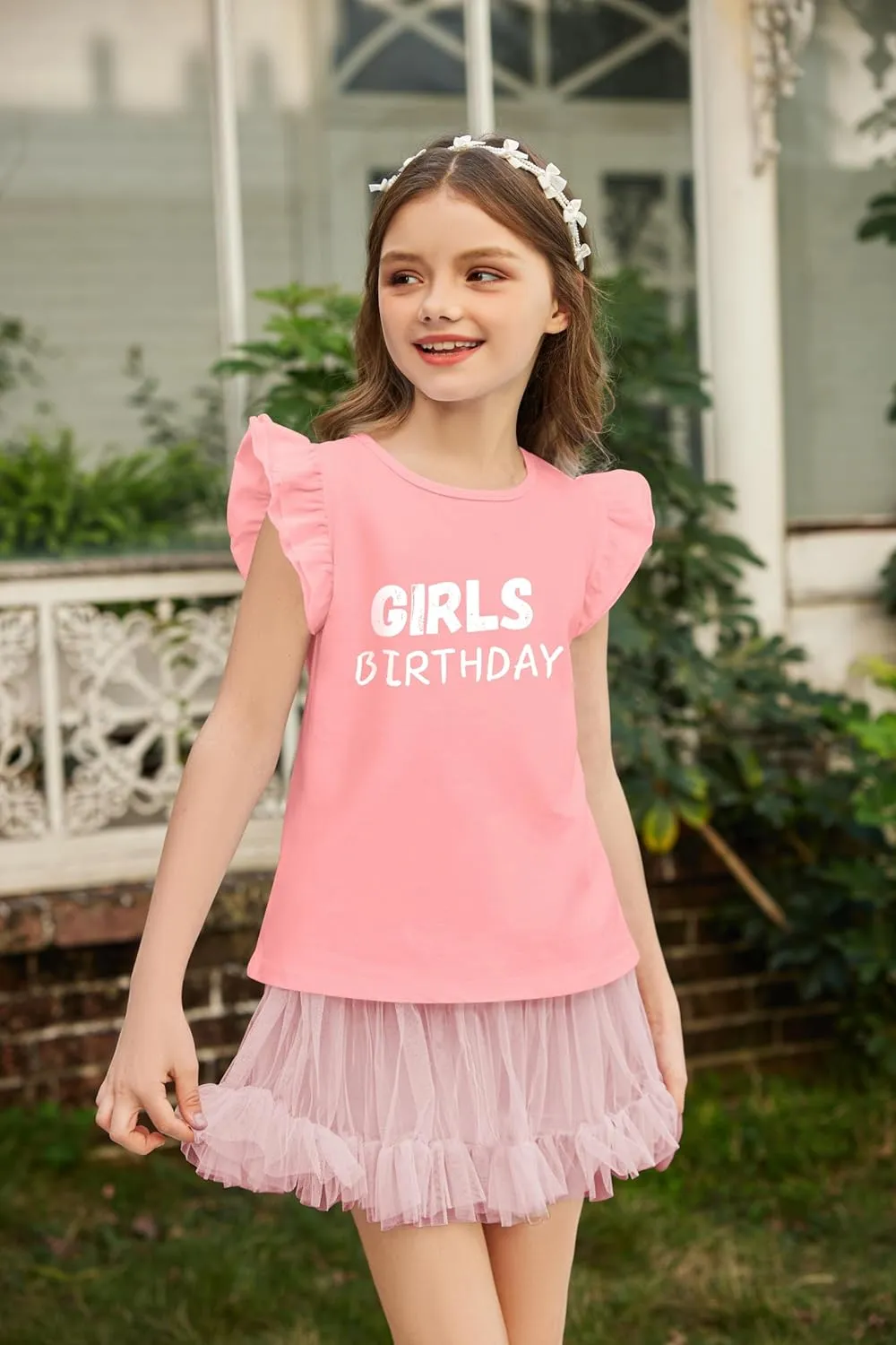 Girls T Shirts Ruffle Shrit Plain Blank Tank Tops Short Sleeve Cotton Tshirts Basic Blouse 3T-10Years