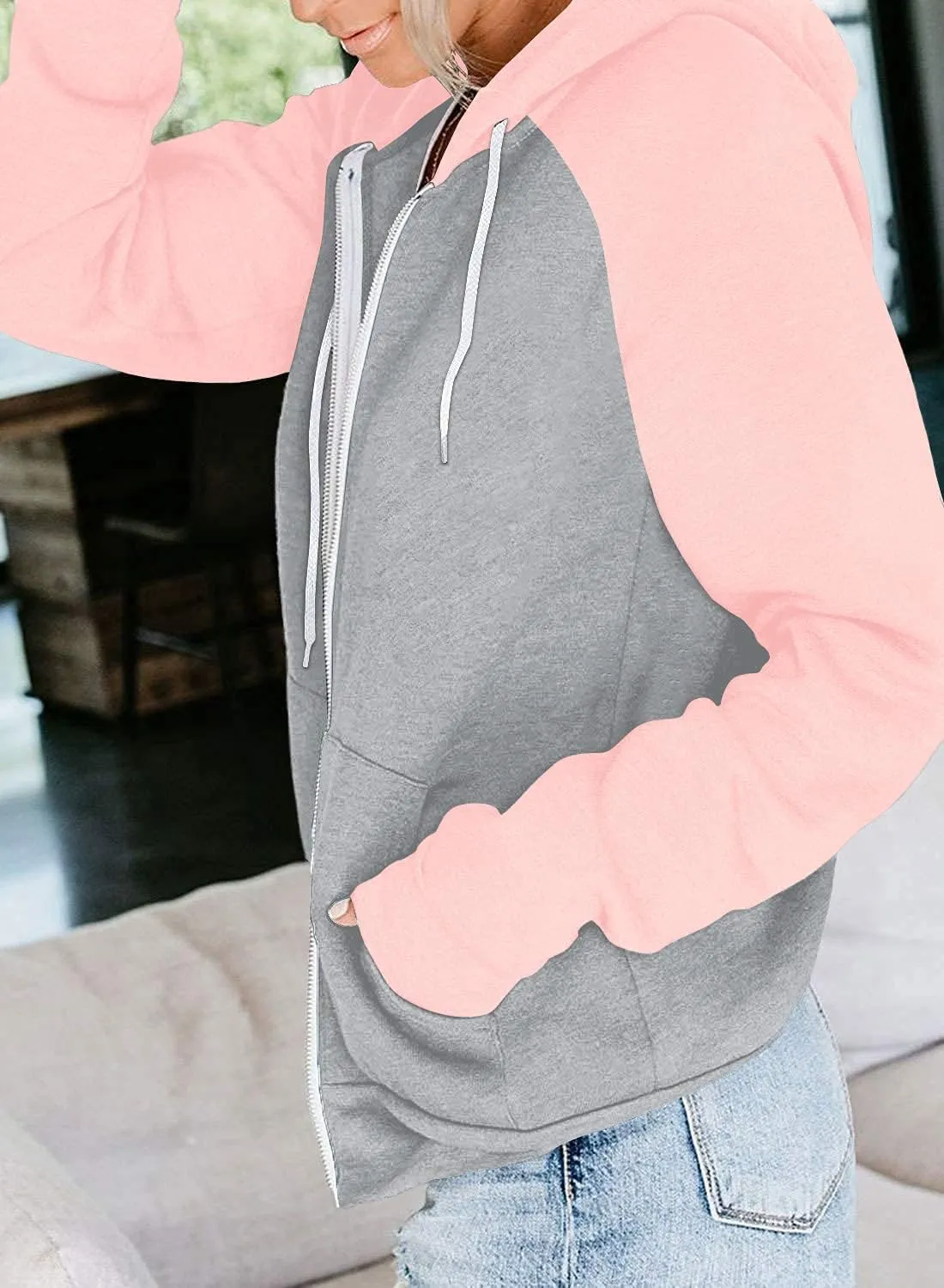 INFITTY Women's Casual Color Block Long Sleeve Zip Up Hooded Sweatshirt Lightweight Hoodies Jacket with Pocket