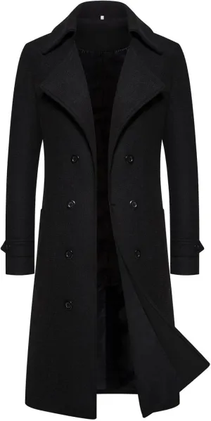 Mens Long Trench Coat Classic Notched Collar Double Breasted Peacoat Slim Fit Wool Blend Fall Winter Casual Overcoat