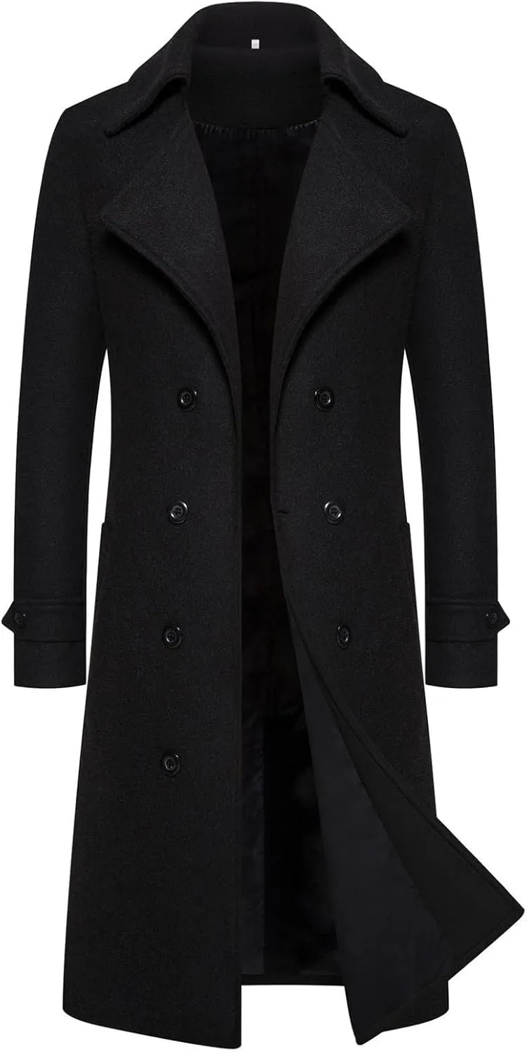 Mens Long Trench Coat Classic Notched Collar Double Breasted Peacoat Slim Fit Wool Blend Fall Winter Casual Overcoat