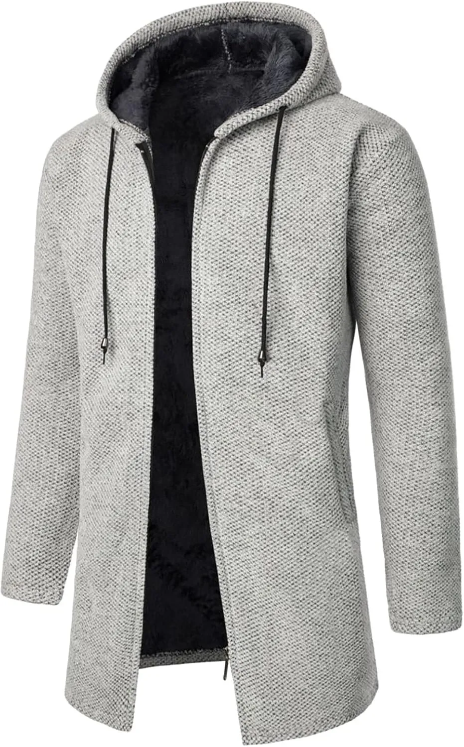 Men's Wool Blend Jacket Slim Mid Lenght Sherpa Lined Thicked Hooded Coats Casual Plush Fleece Winter Warm Overcoats