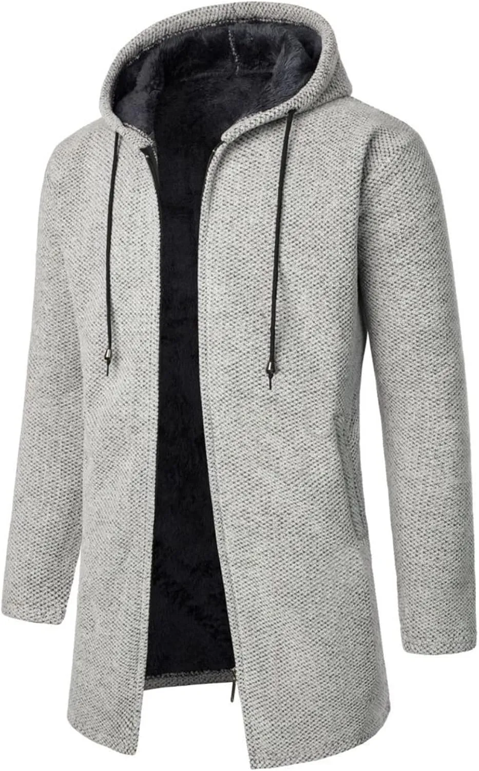 Men's Wool Blend Jacket Slim Mid Lenght Sherpa Lined Thicked Hooded Coats Casual Plush Fleece Winter Warm Overcoats