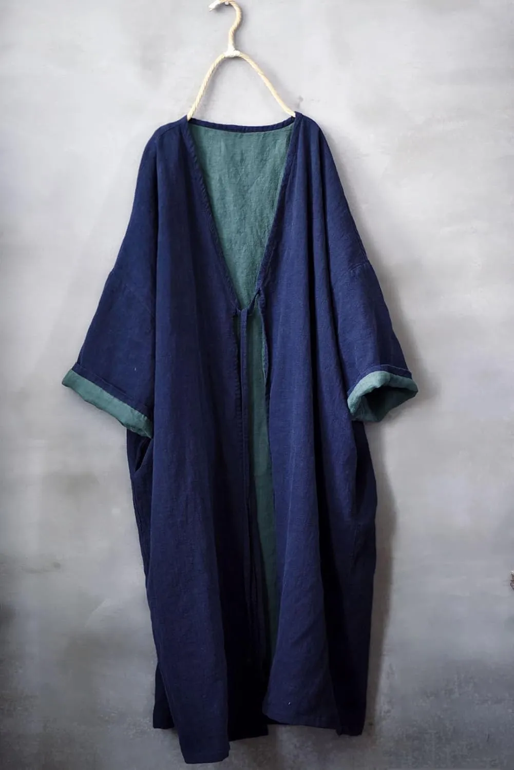 NFYM Women Fall Spring Loose Kimono Duster Tie Front Double Layer Cotton Linen Trench Jackt Coat Plus Size Outerwear