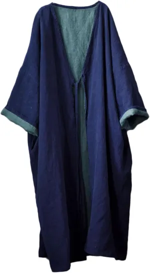 NFYM Women Fall Spring Loose Kimono Duster Tie Front Double Layer Cotton Linen Trench Jackt Coat Plus Size Outerwear