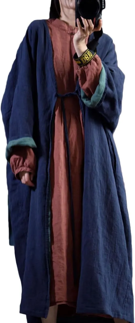 NFYM Women Fall Spring Loose Kimono Duster Tie Front Double Layer Cotton Linen Trench Jackt Coat Plus Size Outerwear