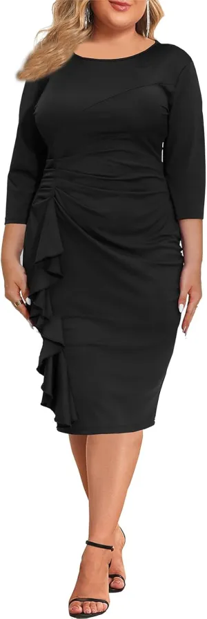 Plus Size Dresses for Women 3/4 Sleeve Bodycon Ruffle Vintage Midi Pencil Dress