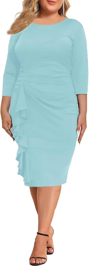 Plus Size Dresses for Women 3/4 Sleeve Bodycon Ruffle Vintage Midi Pencil Dress