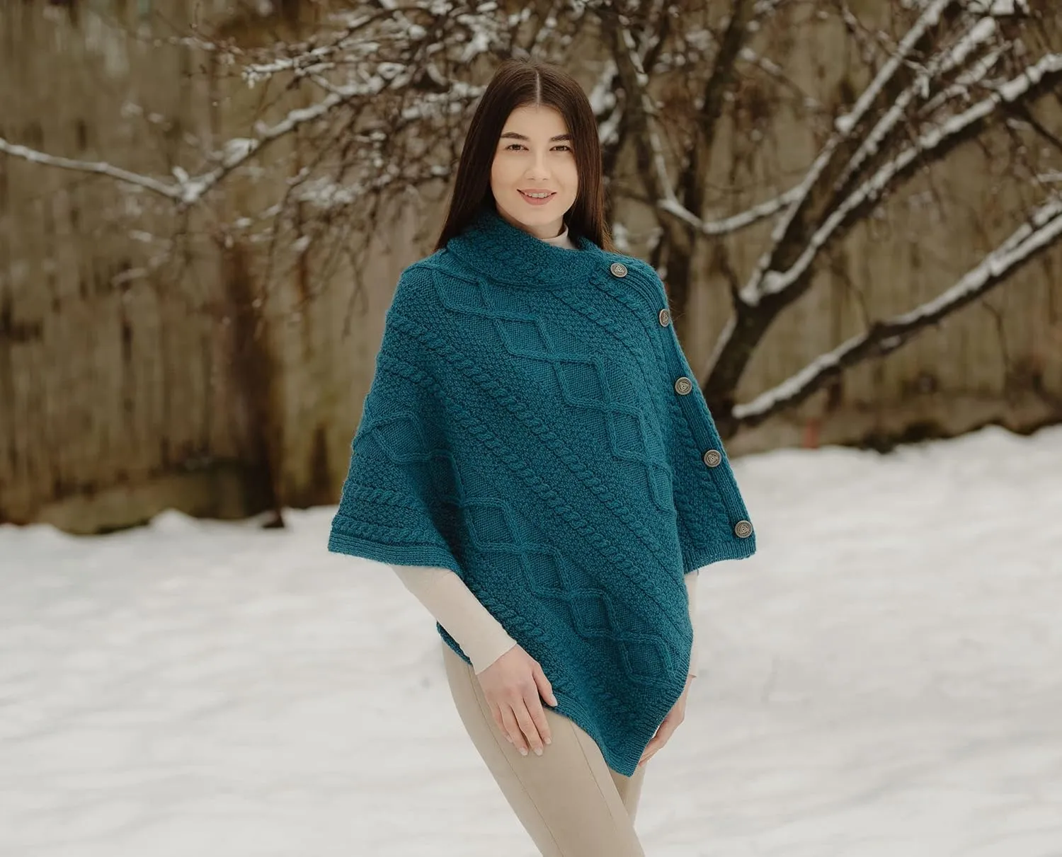 SAOL Wool Women's Poncho with Celtic Buttons Cable Knit Cardigan Cowl Neck Cape
