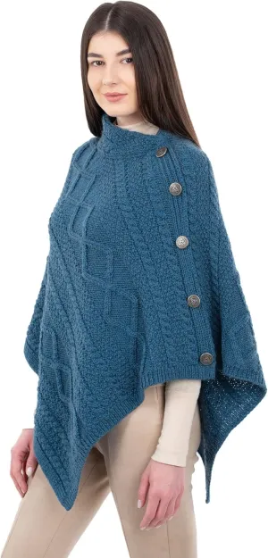 SAOL Wool Women's Poncho with Celtic Buttons Cable Knit Cardigan Cowl Neck Cape
