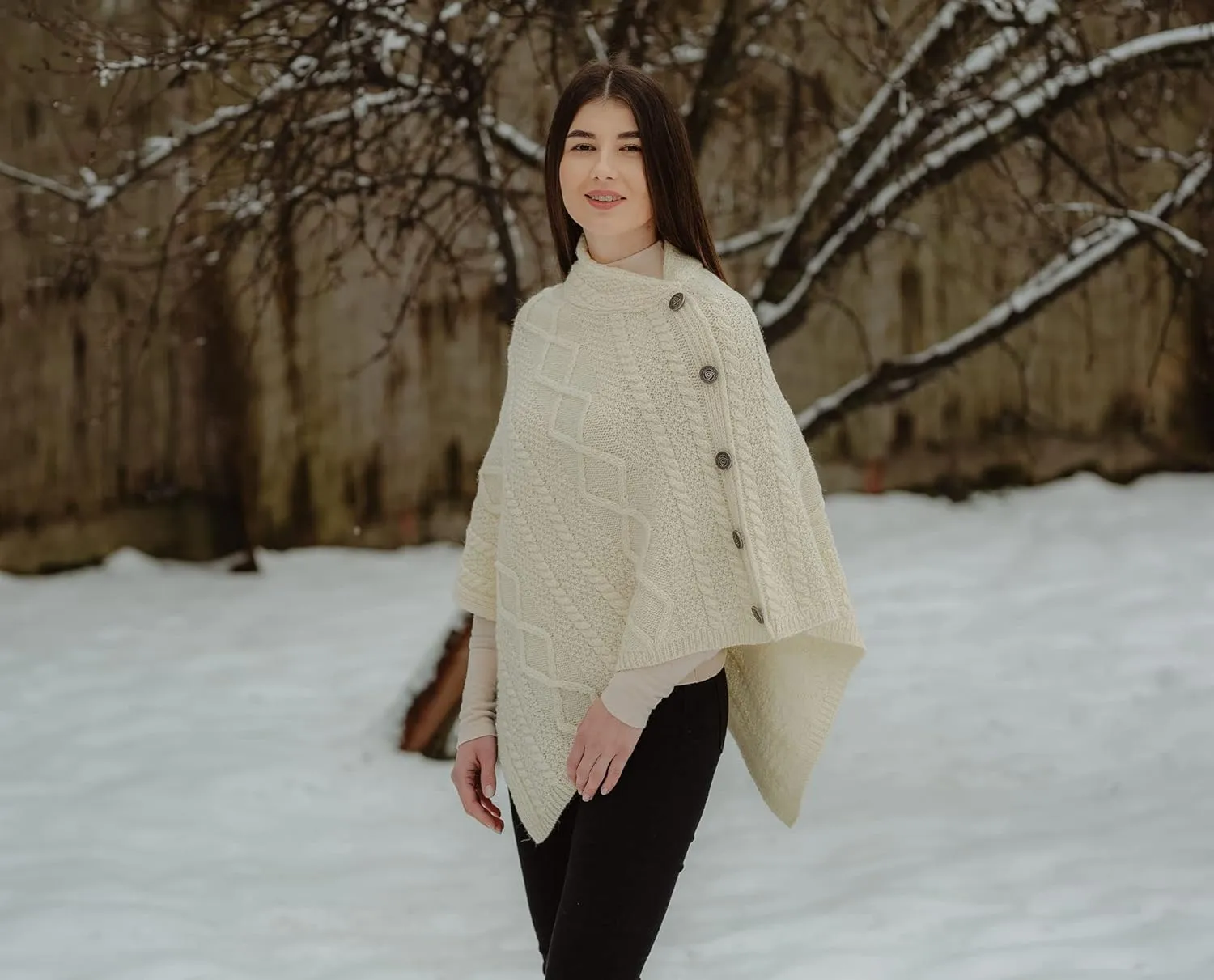 SAOL Wool Women's Poncho with Celtic Buttons Cable Knit Cardigan Cowl Neck Cape