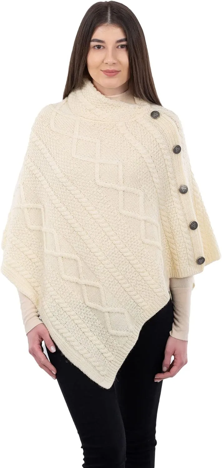 SAOL Wool Women's Poncho with Celtic Buttons Cable Knit Cardigan Cowl Neck Cape