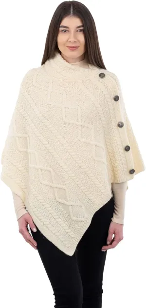 SAOL Wool Women's Poncho with Celtic Buttons Cable Knit Cardigan Cowl Neck Cape