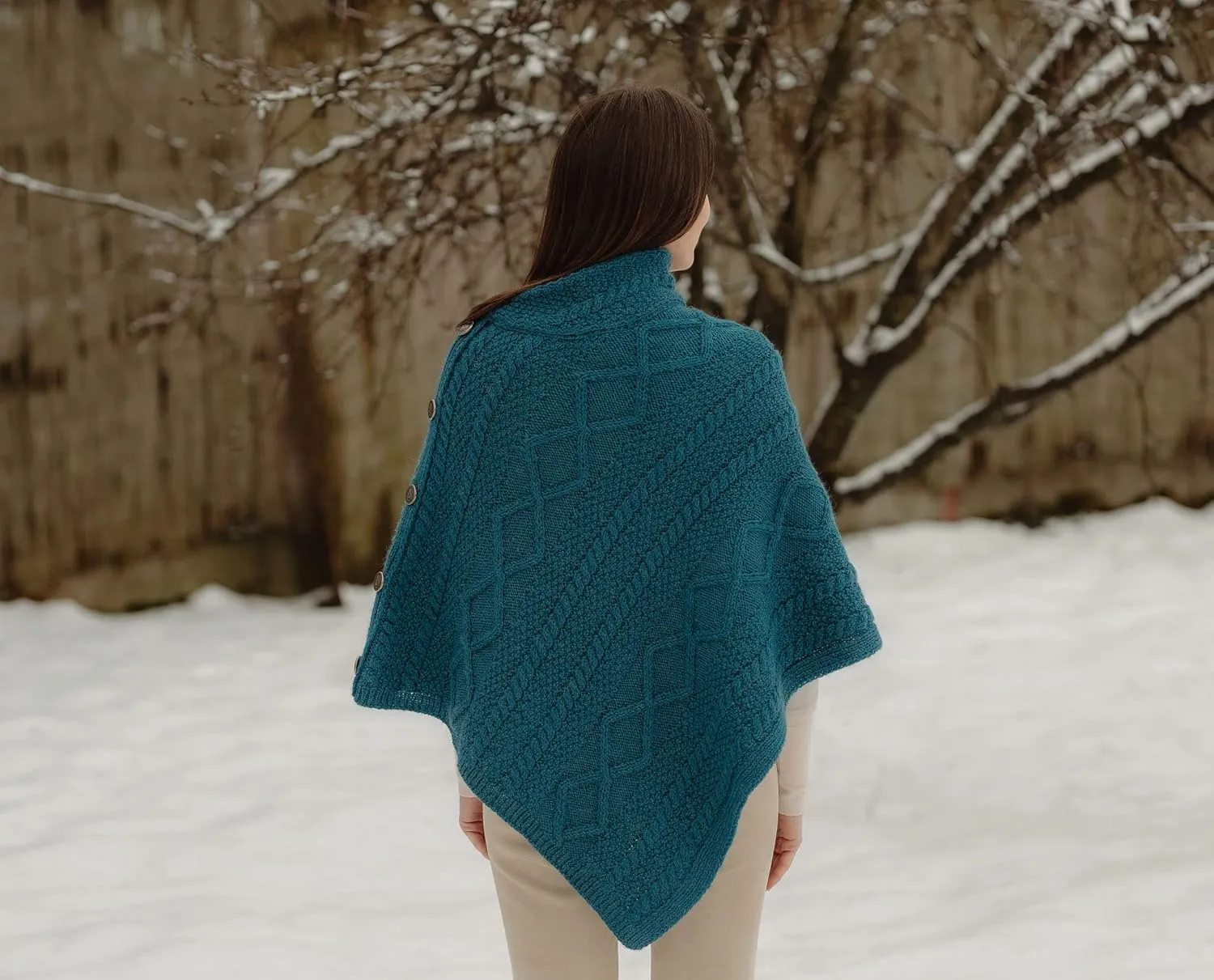 SAOL Wool Women's Poncho with Celtic Buttons Cable Knit Cardigan Cowl Neck Cape