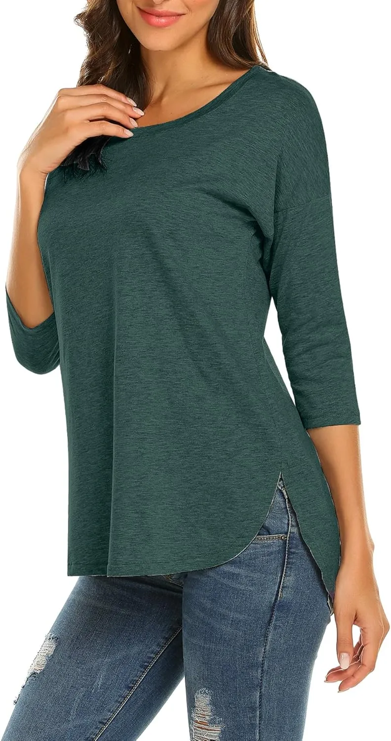 Sherosa Women's Casual 3/4 Sleeve Loose Tunic Tops Scoop Neck T-Shirt