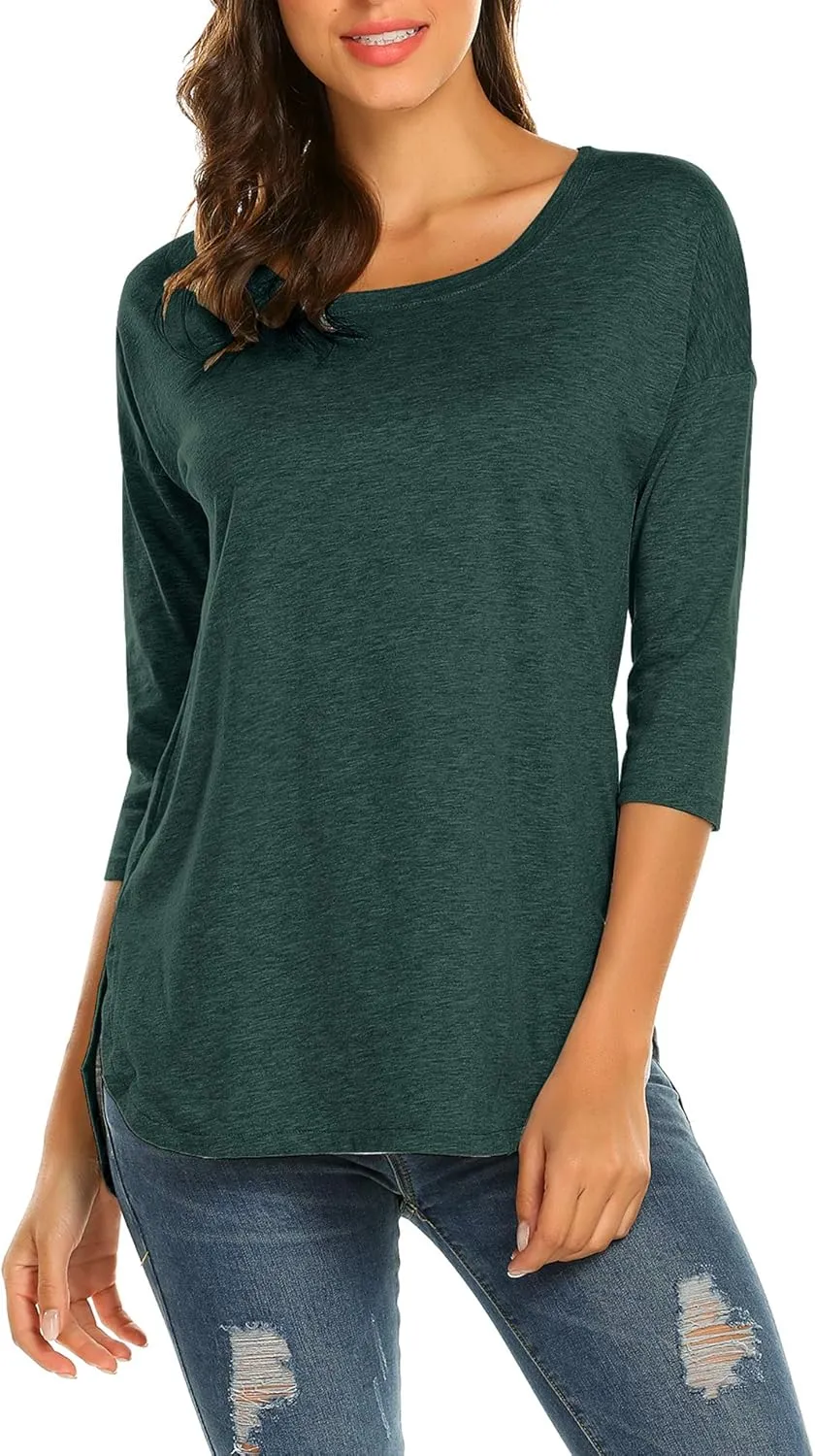 Sherosa Women's Casual 3/4 Sleeve Loose Tunic Tops Scoop Neck T-Shirt