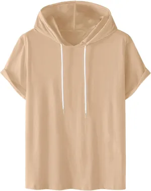 Short Sleeve Hoodies for Men Summer Athletic Loose Fit Stretch Drawstring T Shirt Lightweight Solid Color Pullover