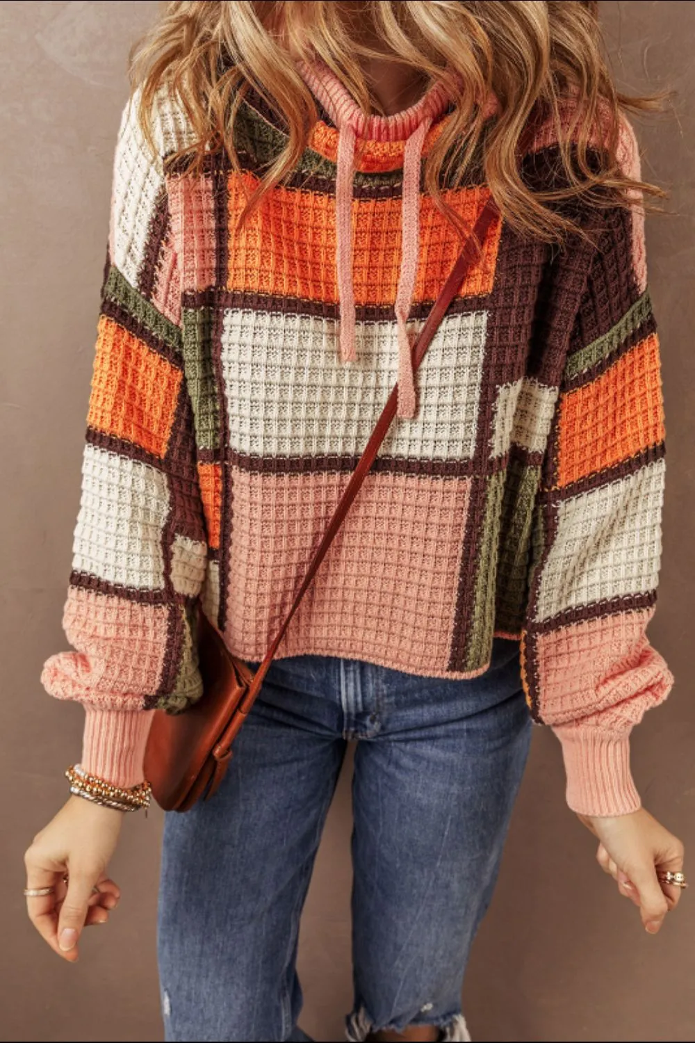 TEEK - Orange Drawstring Color Block Mock Neck Sweater