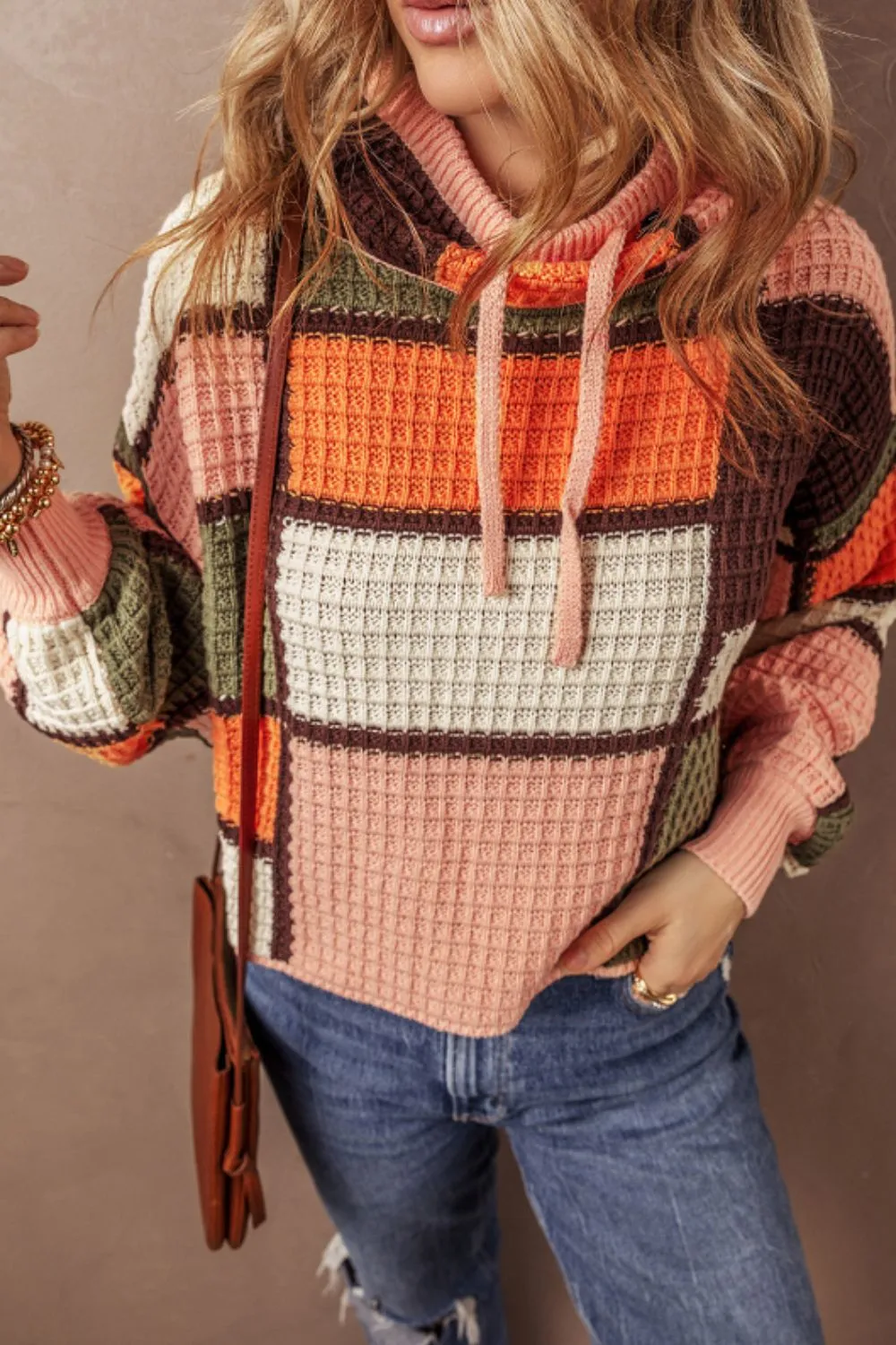 TEEK - Orange Drawstring Color Block Mock Neck Sweater