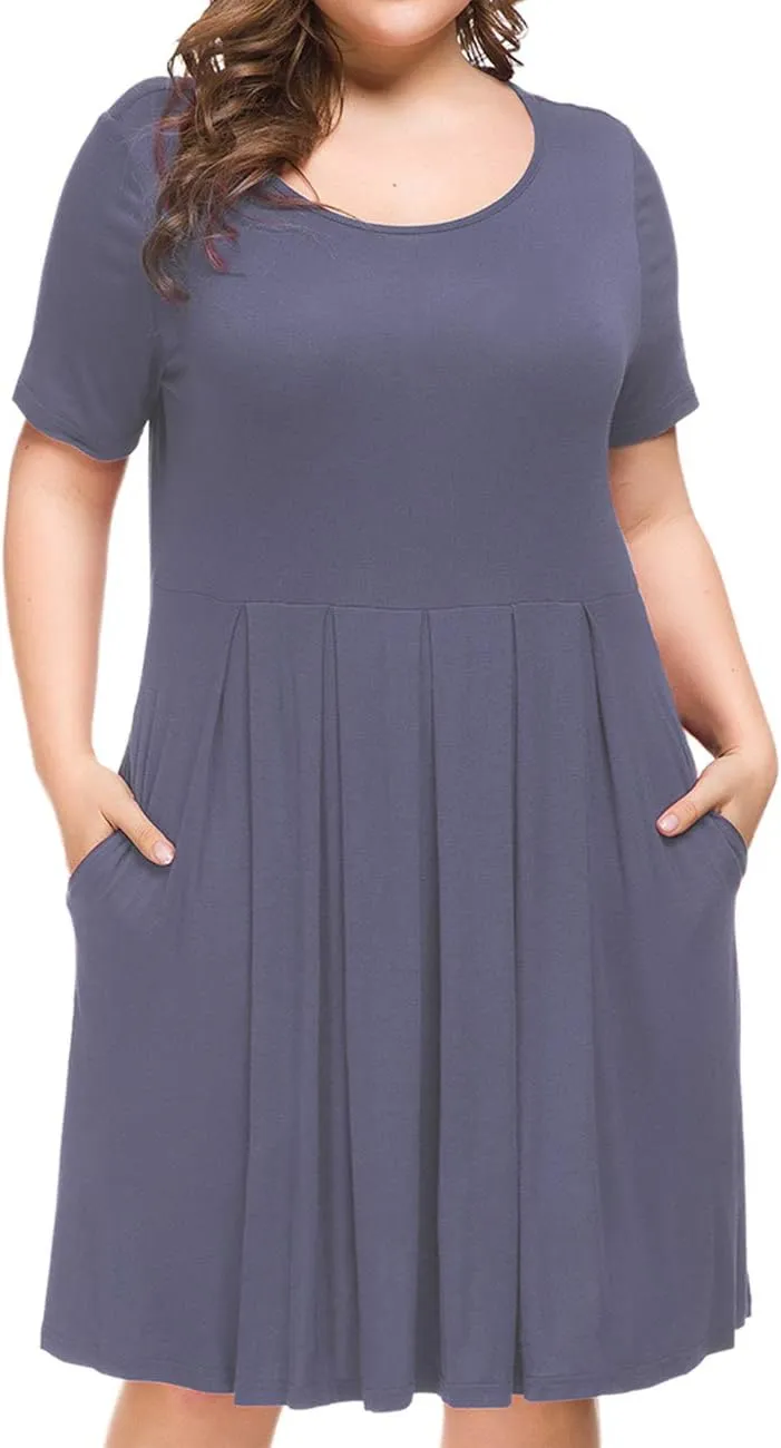 Tralilbee Women's Plus Size Short Sleeve Dress Casual Pleated Swing Dresses with Pockets