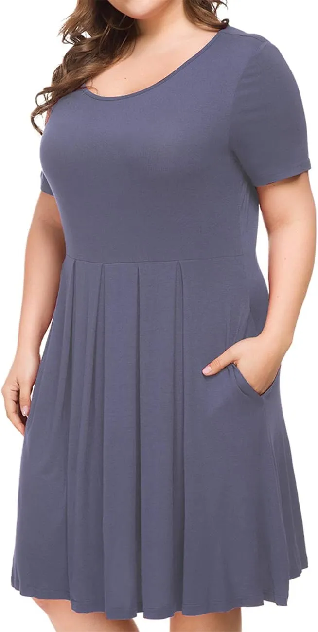Tralilbee Women's Plus Size Short Sleeve Dress Casual Pleated Swing Dresses with Pockets
