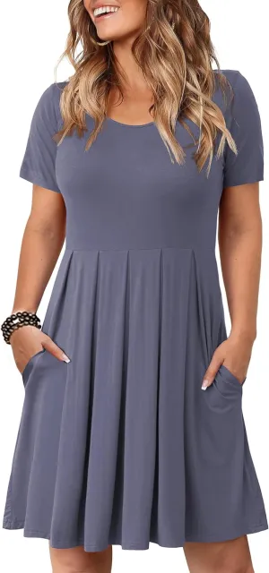 Tralilbee Women's Plus Size Short Sleeve Dress Casual Pleated Swing Dresses with Pockets