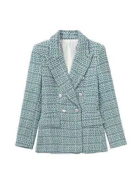 Wjczt Women 2022 Fashion Texture Double Breasted Woolen Check Blazer Coat Vintage Long Sleeve Pockets Female Outerwear Chic Veste