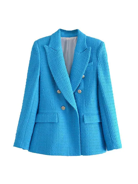 Wjczt Women 2022 Fashion Texture Double Breasted Woolen Check Blazer Coat Vintage Long Sleeve Pockets Female Outerwear Chic Veste