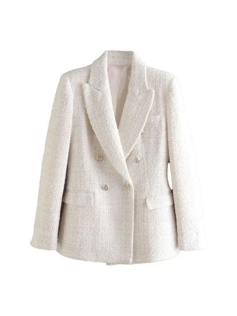 Wjczt Women 2022 Fashion Texture Double Breasted Woolen Check Blazer Coat Vintage Long Sleeve Pockets Female Outerwear Chic Veste