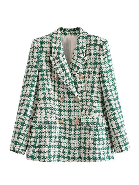 Wjczt Women 2022 Fashion Texture Double Breasted Woolen Check Blazer Coat Vintage Long Sleeve Pockets Female Outerwear Chic Veste