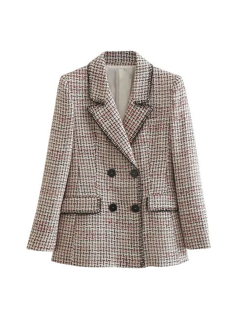 Wjczt Women 2022 Fashion Texture Double Breasted Woolen Check Blazer Coat Vintage Long Sleeve Pockets Female Outerwear Chic Veste