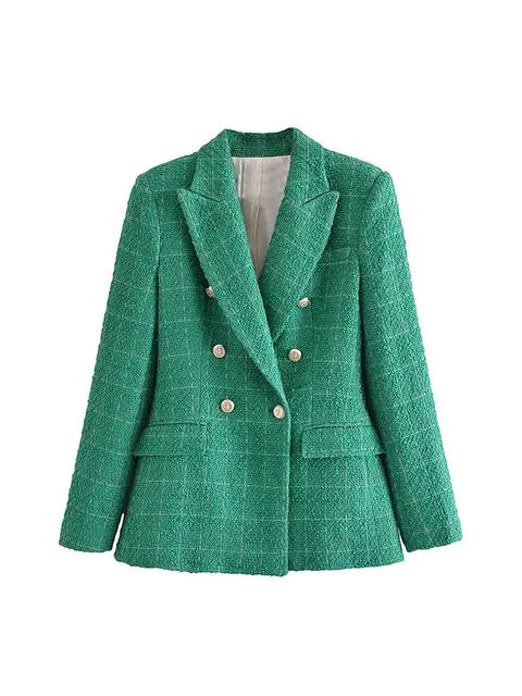 Wjczt Women 2022 Fashion Texture Double Breasted Woolen Check Blazer Coat Vintage Long Sleeve Pockets Female Outerwear Chic Veste